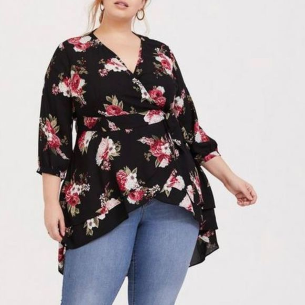 Torrid Black Pink Floral Hi Lo 3/4 Sleeves Georgette Tunic Wrap‎ Blouse 1X